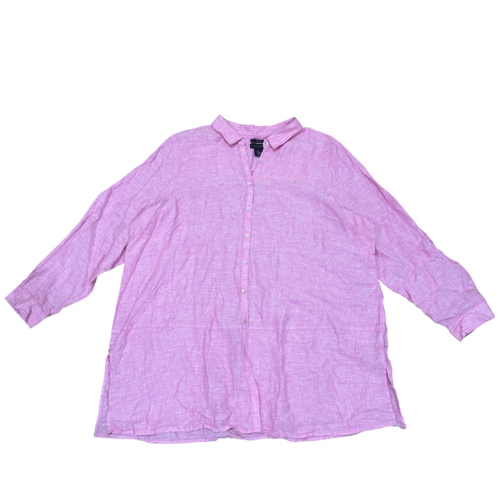 Tahari Pink 100% Linen Button Down Tunic Shirt 3X Long Sleeve Slit Hem Coastal